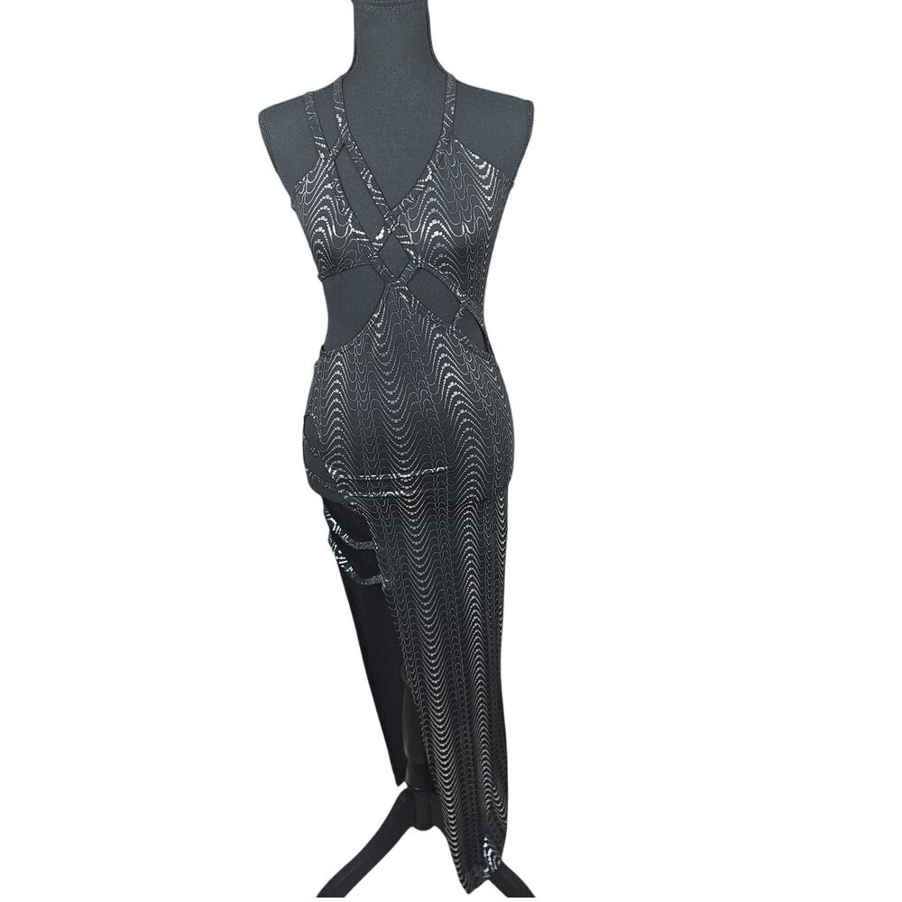 LBD Black Silver Maxi Dress S Cut Outs High Slit Vintage 90s Exotic Dancewear